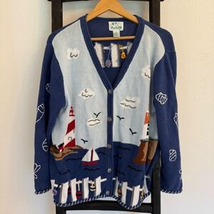 Vintage Quacker Factory Sz M Cardigan Button Down Sweater Lighthouse 90s